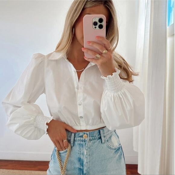 NWT Show Me Your Mumu White Count On Me Collar Crop Top Poplin L - Picture 2 of 12